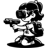 Girl in virtual reality glasses aims a toy blaster in monochrome. Simple minimalistic image in black ink drawing on white background vector