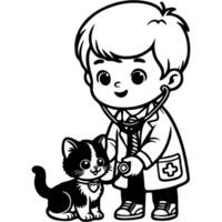 Boy veterinarian examines his pet kitten in monochrome. Simple minimalistic image in black ink drawing on white background vector