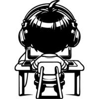 Boy gamer playing on computer sitting at table in monochrome. Simple minimalistic image in black ink drawing on white background vector