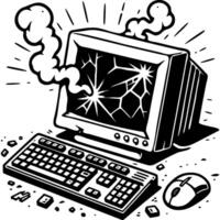 Broken computer smoking and burnt from overload in monochrome. Simple minimalistic image in black ink drawing on white background vector