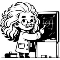 Professor explains a new lecture topic to students in monochrome. Simple minimalistic image in black ink drawing on white background vector