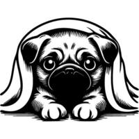 Pug puppy hid from owner under blanket in monochrome. Simple minimalistic image in black ink drawing on white background vector