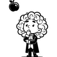 Young medieval scientist watches an apple fall under force of gravity in monochrome. Simple minimalistic image in black ink drawing on white background vector