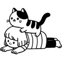 Kitten rides on back of its female owner in monochrome. Simple minimalistic image in black ink drawing on white background vector