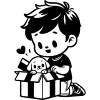 Boy takes puppy out of gift box in monochrome. Simple minimalistic image in black ink drawing on white background vector