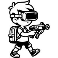 Boy in virtual reality glasses with toy blender looking for opponent in monochrome. Simple minimalistic image in black ink drawing on white background vector