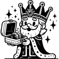 King presents a gift in an open jewel box in monochrome. Simple minimalistic image in black ink drawing on white background vector