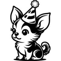 Chihuahua wearing a festive cone hat in monochrome. Simple minimalistic image in black ink drawing on white background vector