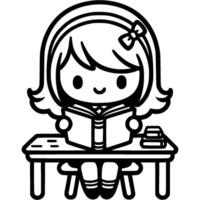 Girl student reading book preparing for lessons in monochrome. Simple minimalistic image in black ink drawing on white background vector
