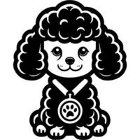 Curly poodle puppy with dog show winner medal worn around its neck in monochrome. Simple minimalistic image in black ink drawing on white background vector