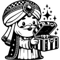 Arab sage presents a gift in an open jewel box in monochrome. Simple minimalistic image in black ink drawing on white background vector