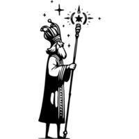 Wise king with a staff in his hand follows guiding star in monochrome. Simple minimalistic image in black ink drawing on white background vector