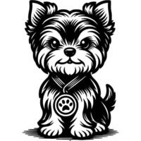 Yorkshire Terrier puppy with dog show winner medal worn around its neck in monochrome. Simple minimalistic image in black ink drawing on white background vector