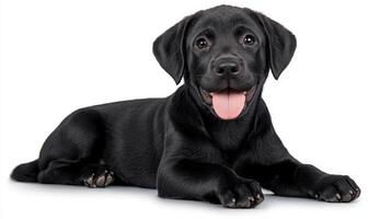 Playful Black Labrador Retriever Puppy Isolated on White photo