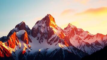 Towering mountains with snowy peaks bathed in the warm light of sunrise, casting long shadows and illuminating the sky with hues of pink, orange, and gold. photo