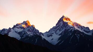 Towering mountains with snowy peaks bathed in the warm light of sunrise, casting long shadows and illuminating the sky with hues of pink, orange, and gold. photo