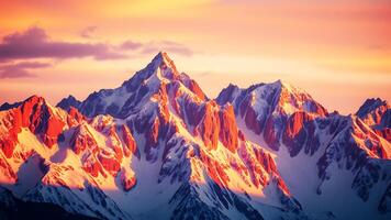 Towering mountains with snowy peaks bathed in the warm light of sunrise, casting long shadows and illuminating the sky with hues of pink, orange, and gold. photo