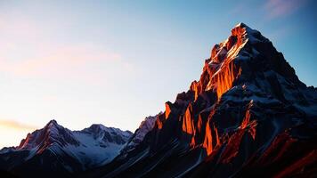 Towering mountains with snowy peaks bathed in the warm light of sunrise, casting long shadows and illuminating the sky with hues of pink, orange, and gold. photo