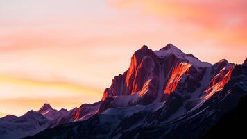 Towering mountains with snowy peaks bathed in the warm light of sunrise, casting long shadows and illuminating the sky with hues of pink, orange, and gold. photo