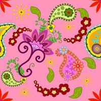 Paisley floral pattern in green and orange color. Ornate damask fabric swatch. vector