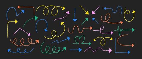 Set of rough, zigzag, circle and straight arrows with crayon, pastel and pencil texture. Color illustration on a black background. vector