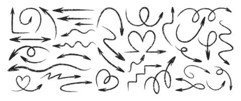 Collection of of rough, zigzag, circle and straight arrows with crayon, pastel and pencil texture. Doodle illustration on a white background. vector