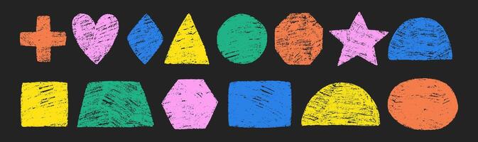 Colorful crayon hand drawn circle, square, triangular, heart and star on blackboard. Texture illustration on a dark background. vector