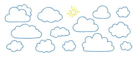 Set of cute crayon clouds and sun with chalk or pastel texture. Outline doodle illustration for kids on a white background. vector