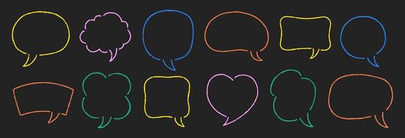 Set of hand drawn crayon, charcoal, chalk speech bubbles in doodle style. Outline text boxes on a dark background. Multicolor illustration. vector