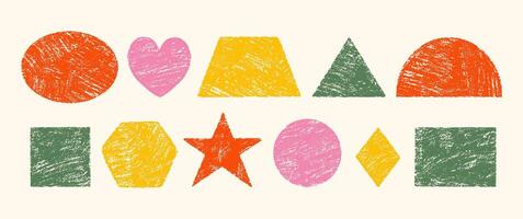 Colorful crayon hand drawn circle, square, triangular, heart and star. Pastel or charcoal illustration for kids. vector