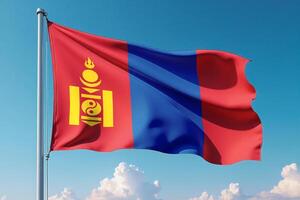 Mongolia Flag Waving Against Clear Blue Sky photo
