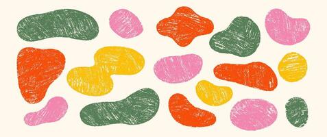 Set of abstract organic shape with crayon, chalk or pastel texture. Multicolor hand drawn illustration. vector