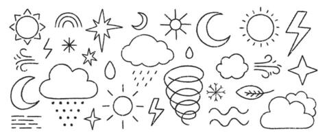 Collection of weather symbols with crayon, chalk and pastel texture. illustration of rain, storm, sun, star, lightning on a white background. vector