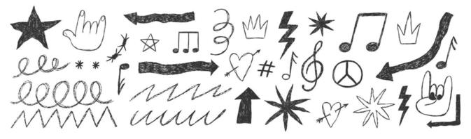 Grange punk elements with chalk or crayon texture. Hand drawn heart, crown, music notes and underlines. Doodle illustration. vector