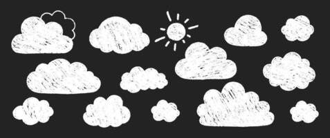 Set of cute crayon clouds and sun with chalk or pastel texture. Hand drawn illustration for kids on a black background. vector