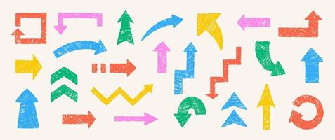 Set of arrows with crayon, pastel or chalk texture. Hand drawn colorful illustration on white background. vector