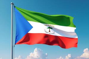 Equatorial Guinea Flag Waving Against Clear Blue Sky photo