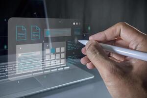 Hand holding a pen with virtual notepad to check notes, schedule, appointments or study something. E-learning concept. Paperless. photo