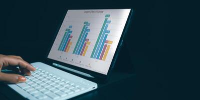 Woman hand using tablet reviewing data in financial charts and graphs with tablet, Business analyzing graphic diagrams for statistic revenue during remote working on tablet. photo