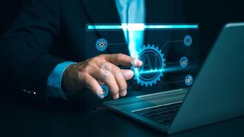Concept of technology or using AI to help with work, Businessman showing modern technology on internet network AI technology in everyday life, Internet of Things, Artificial intelligence brain. photo