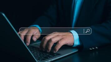 Businessman searching browsing Internet data information networking concept, Technology Search engine optimization, SEO with social media content and advertisement from website. photo