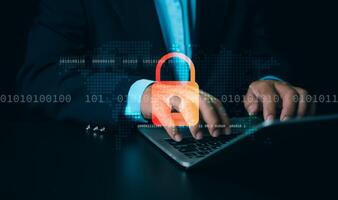 Human hand using computer to surf the internet There are security systems to protect against hackers, Internet, Network security, Cybersecurity and Global network security technology concept. photo