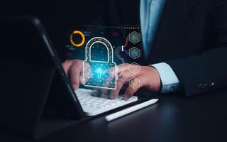 Businessman showing key and network security represents protection against cyber attacks and online hacking, Protection against external hacks, Cybersecurity and privacy concepts to protect data. photo