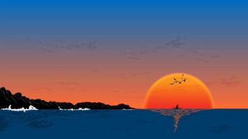 The sun dips below the horizon, casting a warm glow over the calm ocean. A small sailboat glides peacefully across the water, while seagulls soar overhead vector