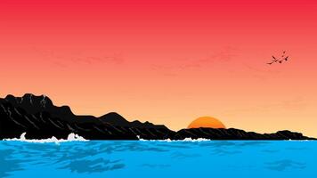 a serene sunset scene with a large, orange sun setting over a calm ocean. Dark silhouettes of mountains and a flock of birds vector