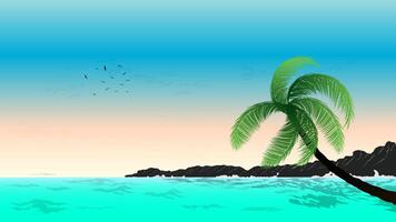 A serene beach scene with a leaning palm tree, blue sky, white clouds, and a flock of birds. The turquoise ocean waves gently lap against the shore vector