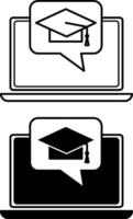 E Learning icons. Black and White Icons of Laptop and Graduation Hat. Online Education Concept vector