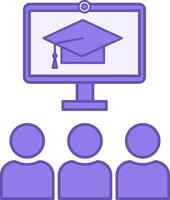 Colored Group Class Icon. Computer with Webcam, Graduation Hat, and Students. Distance Learning, Online School, E-Learning. Online Education Concept vector