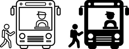 School Bus Icons. Black and White Icons. School Bus with Driver and Schoolchild with Backpack. Education and School Concept vector