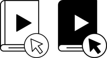 Online Book Icons. Black and White Icons. Book, Play Sign, and Computer Mouse Cursor. Audiobook, E-Book. Online Education Concept vector
